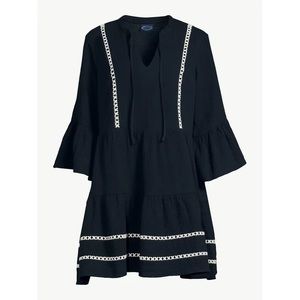 Scoop Women's Lace Trimmed Mini Dress with ¾ -Length Sleeves